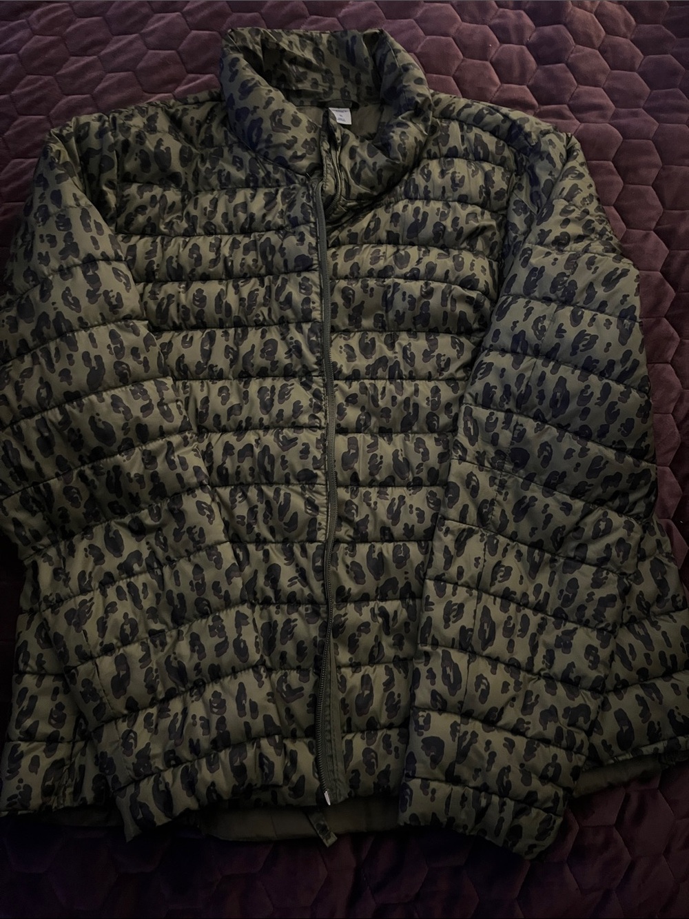 Old Navy Olive Green Leopard Print Packable Puffer Jacket